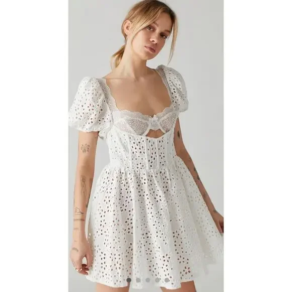 NWT For Love & Lemons Becca Mini Dress White Small Eyelet S - Picture 8 of 10
